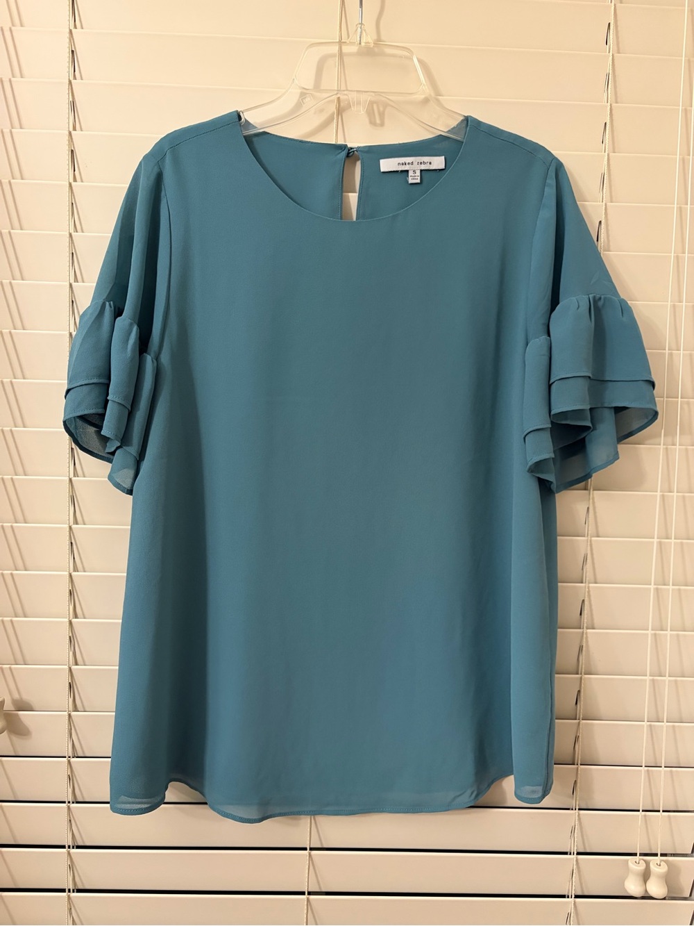 Naked Zebra Teal Blue Ruffle Sleeve Blouse Top Chiffon Keyhole Back Womens Small